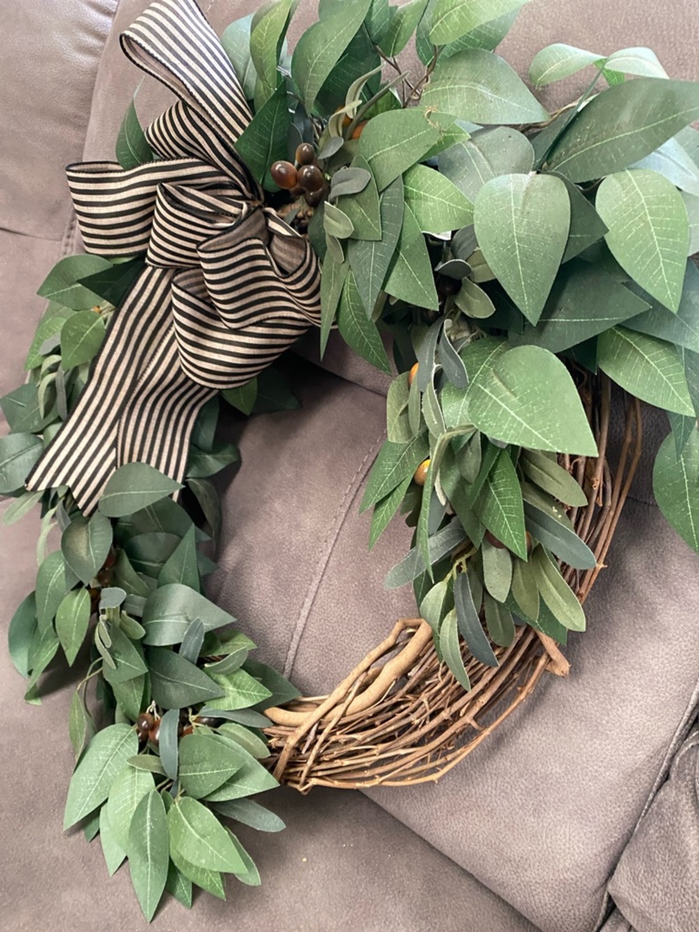 Green Willow Leaf Door Hanging Wreath with Striped Bow - Picture 3 of 5